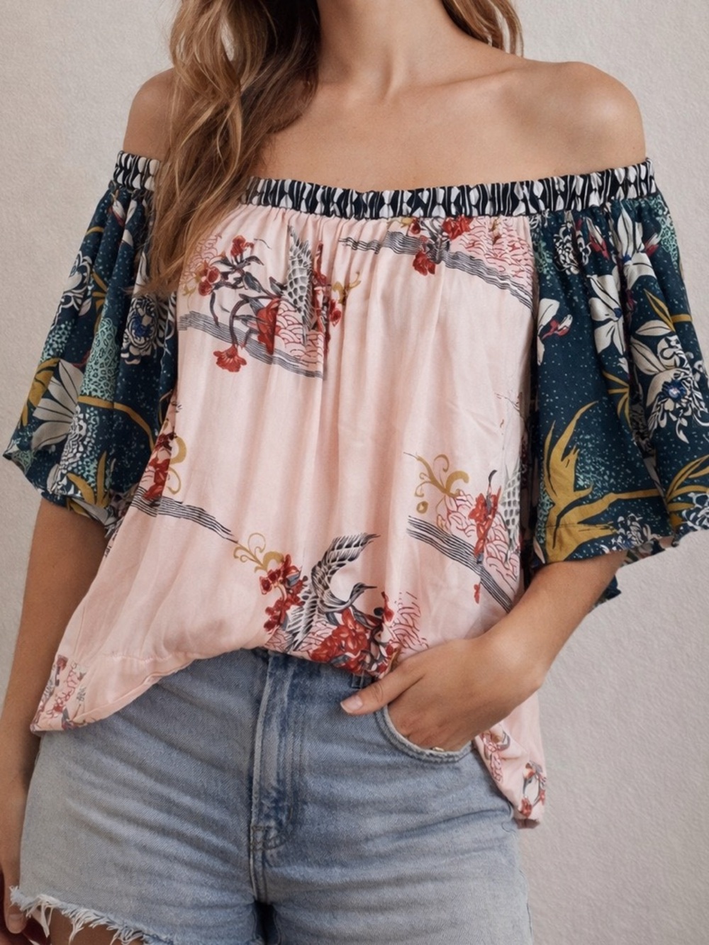 Free People Boho Off Shoulder Top Flowy Floral Blouse Festival Peasant Top Women